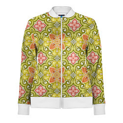 Олимпийка женская Зеленые узоры и оранжевые цветы, цвет: 3D-белый