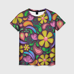 Женская футболка Летние цветы узор на темном