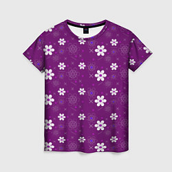 Женская футболка Узор цветы на фиолетовом фоне