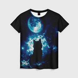 Женская футболка Кот силуэт луна ночь звезды