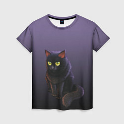 Женская футболка Черный кот на фиолетовом