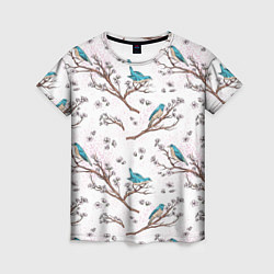 Женская футболка Птички весной на ветках Сакуры
