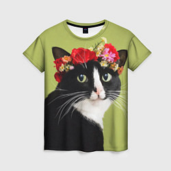 Женская футболка Кот и цветы