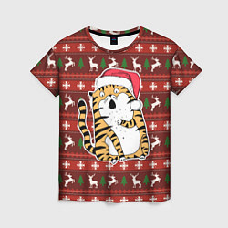 Женская футболка Рождественский удивленный тигр