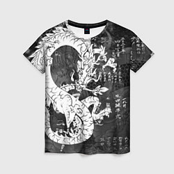 Женская футболка ЧБ Японский Дракон Dragon Иероглифы