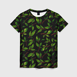 Женская футболка Яркие зеленые листья на черном фоне