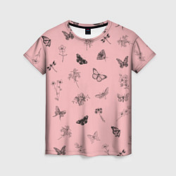 Женская футболка Цветочки и бабочки на розовом фоне