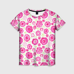 Женская футболка Яркие розовые цветы в дудл стиле, абстракция