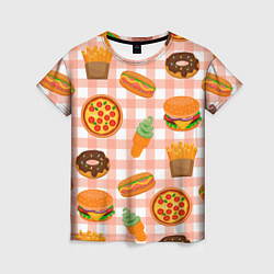 Футболка женская PIZZA DONUT BURGER FRIES ICE CREAM pattern, цвет: 3D-принт