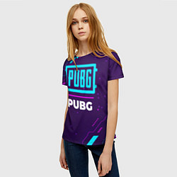 Футболка женская Символ PUBG в неоновых цветах на темном фоне, цвет: 3D-принт — фото 2