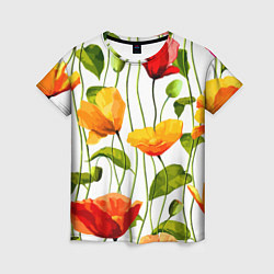 Женская футболка Волнообразный узор из цветков мака Лето