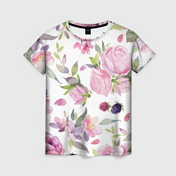 Женская футболка Летний красочный паттерн из цветков розы и ягод еж