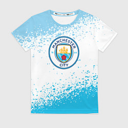 Футболка женская Manchester голубые брызги на белом фоне, цвет: 3D-принт