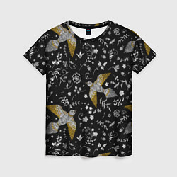 Женская футболка Птицы и цветы с эффектом вышивки