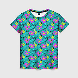 Женская футболка Яркий цветочный узор на бирюзовом фоне