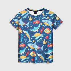 Женская футболка Акула, скат и другие обитатели океана - лето