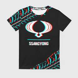Футболка женская Значок SsangYong в стиле glitch на темном фоне, цвет: 3D-принт