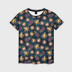 Женская футболка Баклажаны персики бананы паттерн