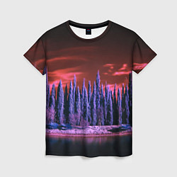 Женская футболка Абстрактный фиолетовый лес и тёмная река