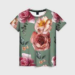 Женская футболка Цветы Нарисованные Розы и Пионы