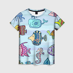 Женская футболка Кит, черепаха, акула и другие обитатели океана