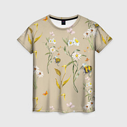 Женская футболка Нарисованные Цветы Ромашки и Пчёлы