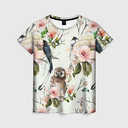 Женская футболка Цветы Нарисованные Магнолии и Птицы