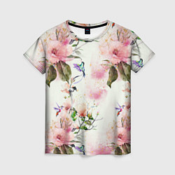 Женская футболка Цветы Нарисованные Магнолии и Разноцветные Птицы