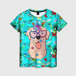 Женская футболка Собачка - единорог на фоне цветов