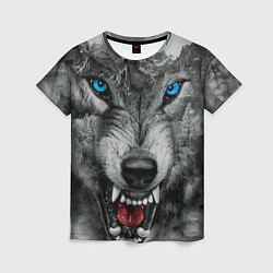 Футболка женская Агрессивный волк с синими глазами, цвет: 3D-принт