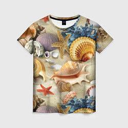 Женская футболка Морские раковины, кораллы, морские звёзды на песке