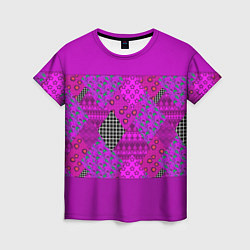 Женская футболка Малиновый комбинированный узор пэчворк