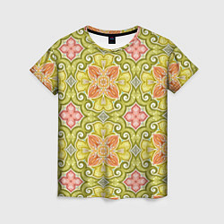 Женская футболка Зеленые узоры и оранжевые цветы