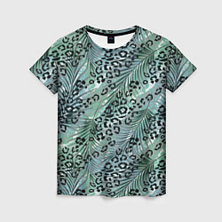 Женская футболка Листья пальмы на леопардовом серо - зеленом фоне