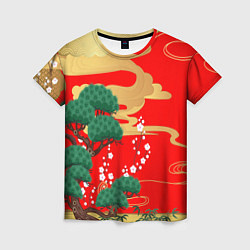 Женская футболка Японский пейзаж на красном