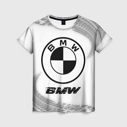 Женская футболка BMW speed на светлом фоне со следами шин