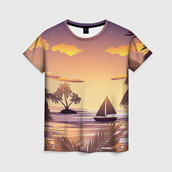 Женская футболка Лодка в море на закате возле тропических островов