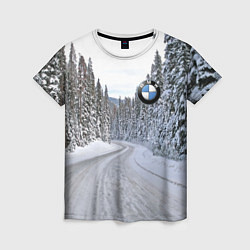 Женская футболка BMW - зимняя дорога через лес