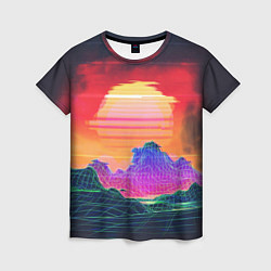 Женская футболка Синтвейв неоновые горы на закате