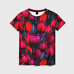 Женская футболка Тюльпаны - поле красных цветов
