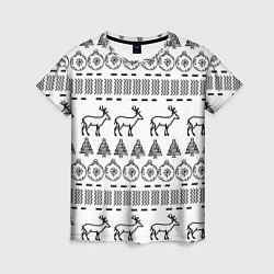 Женская футболка Черно-белый узор с оленями