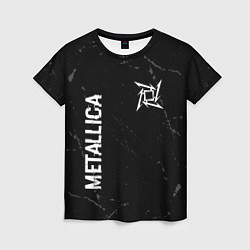 Женская футболка Metallica glitch на темном фоне: надпись, символ