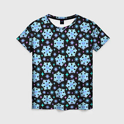 Женская футболка Яркие зимние снежинки с цветными звездами