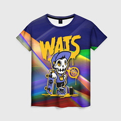 Женская футболка Whats - скелет со скейтбордом - граффити