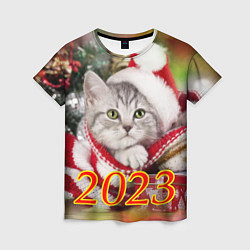 Женская футболка Котенок в новогодней шапочке