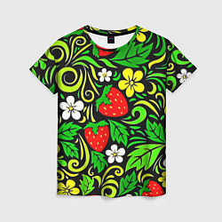 Женская футболка Роспись земляника и цветы