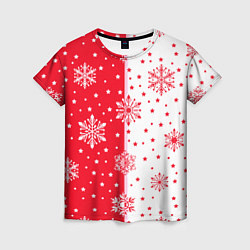 Женская футболка Рождественские снежинки на красно-белом фоне
