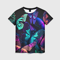 Женская футболка Много неоновых бабочек