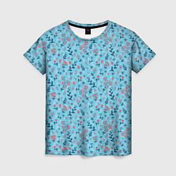 Женская футболка Листья и ягоды на голубом, паттерн