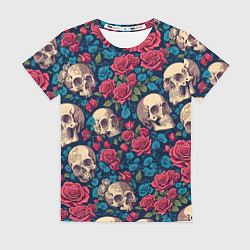 Футболка женская Черепа и красные розы, цвет: 3D-принт